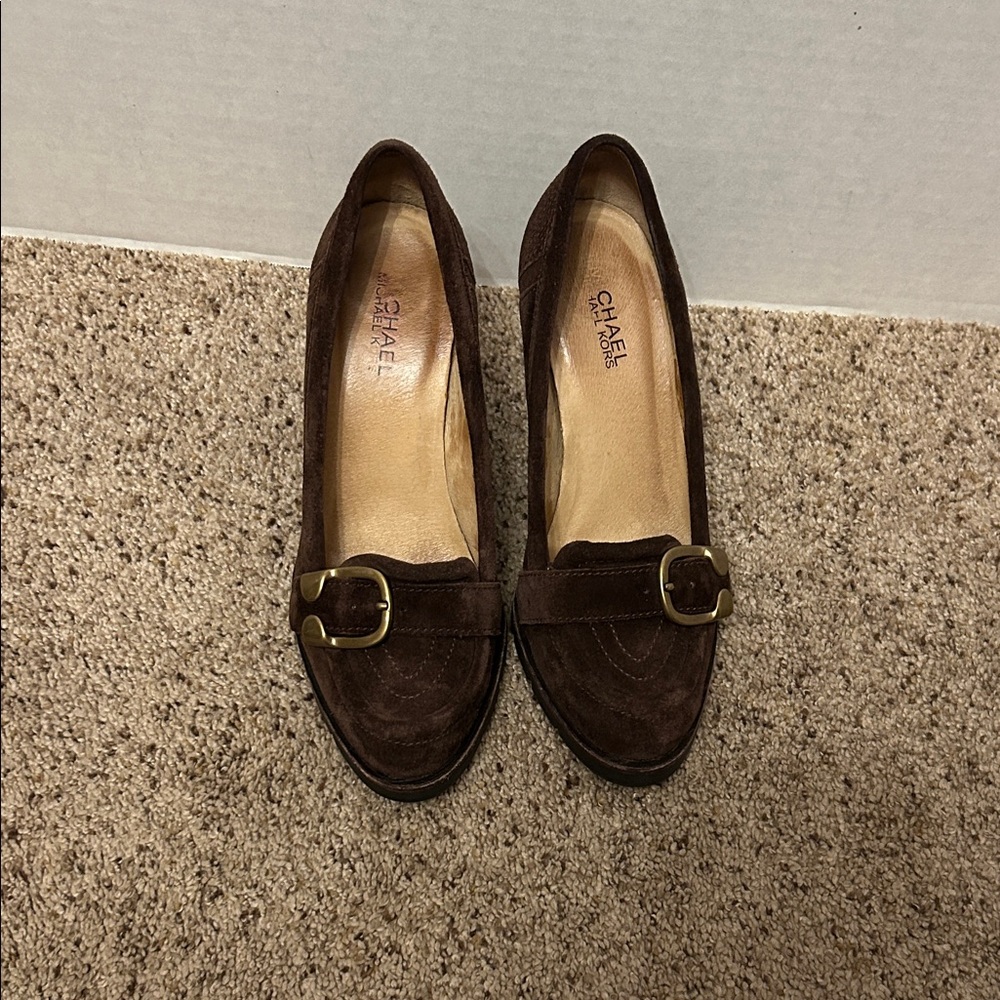 Michael Kors Brown Suede Loafer Heels with Gold Buckle
